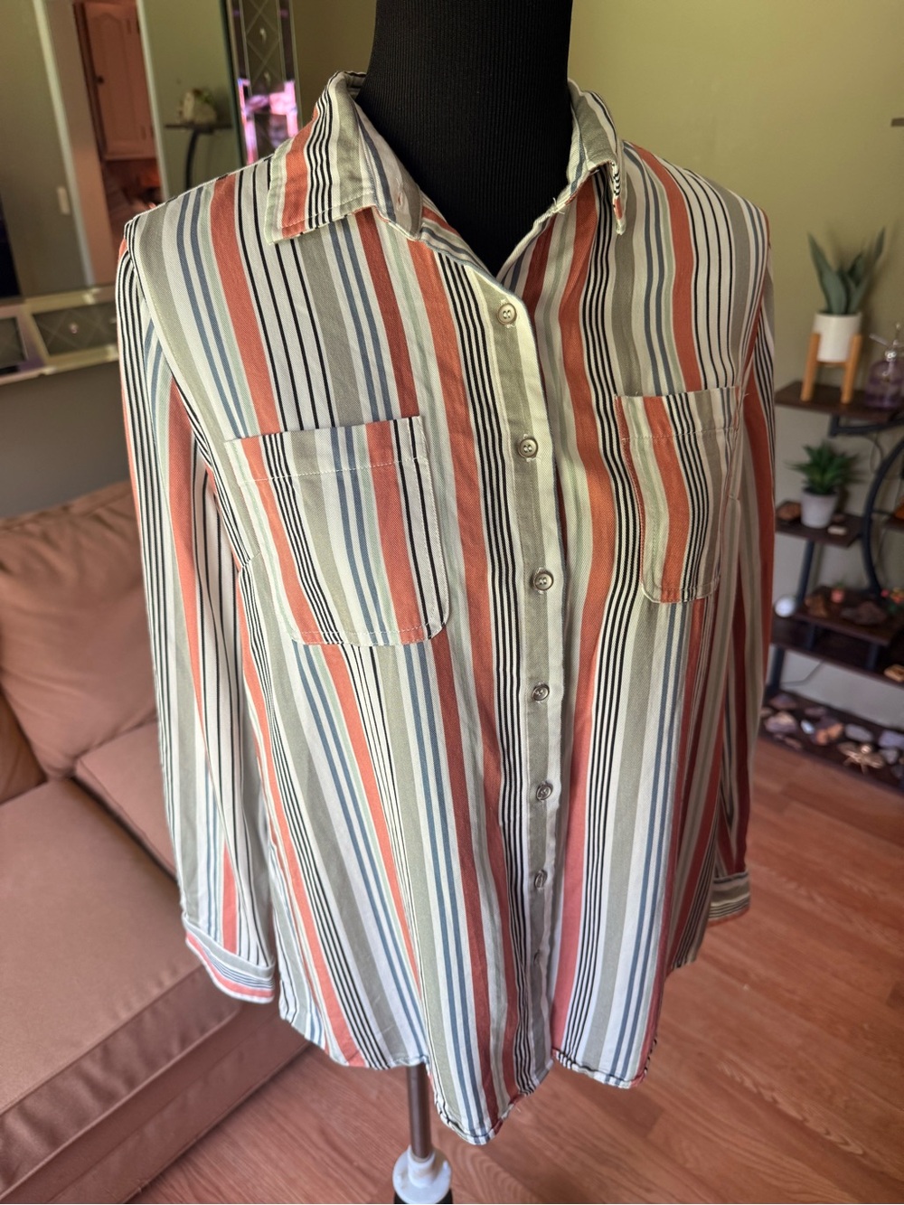 Tribal Striped Button-Down Shirt in Blush White & Blue Lyocell